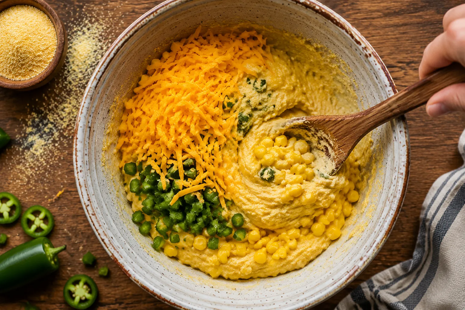 Folding cheese corn and jalapeños into Mexican cornbread batter