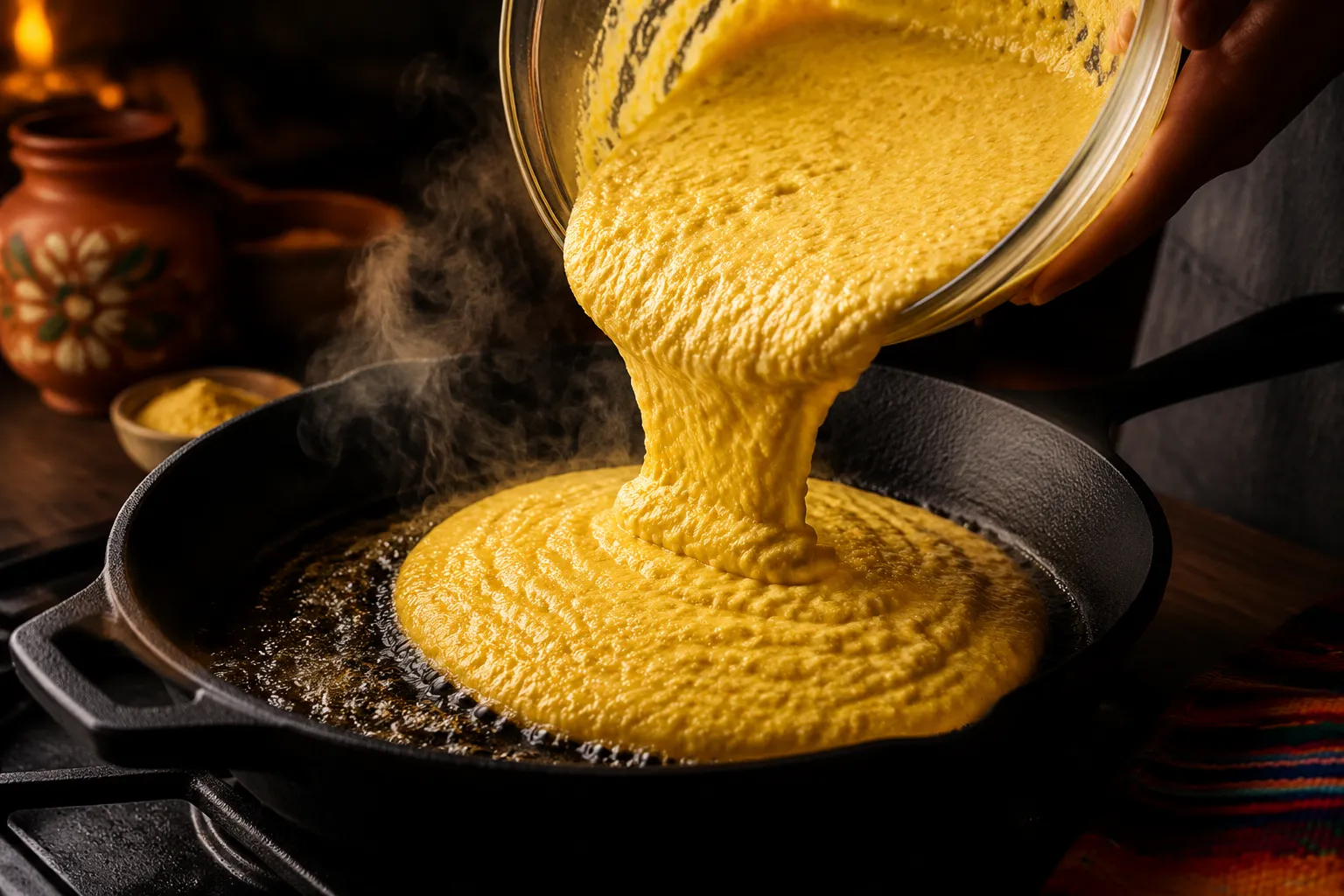 Pouring Mexican cornbread batter into a hot cast iron skillet