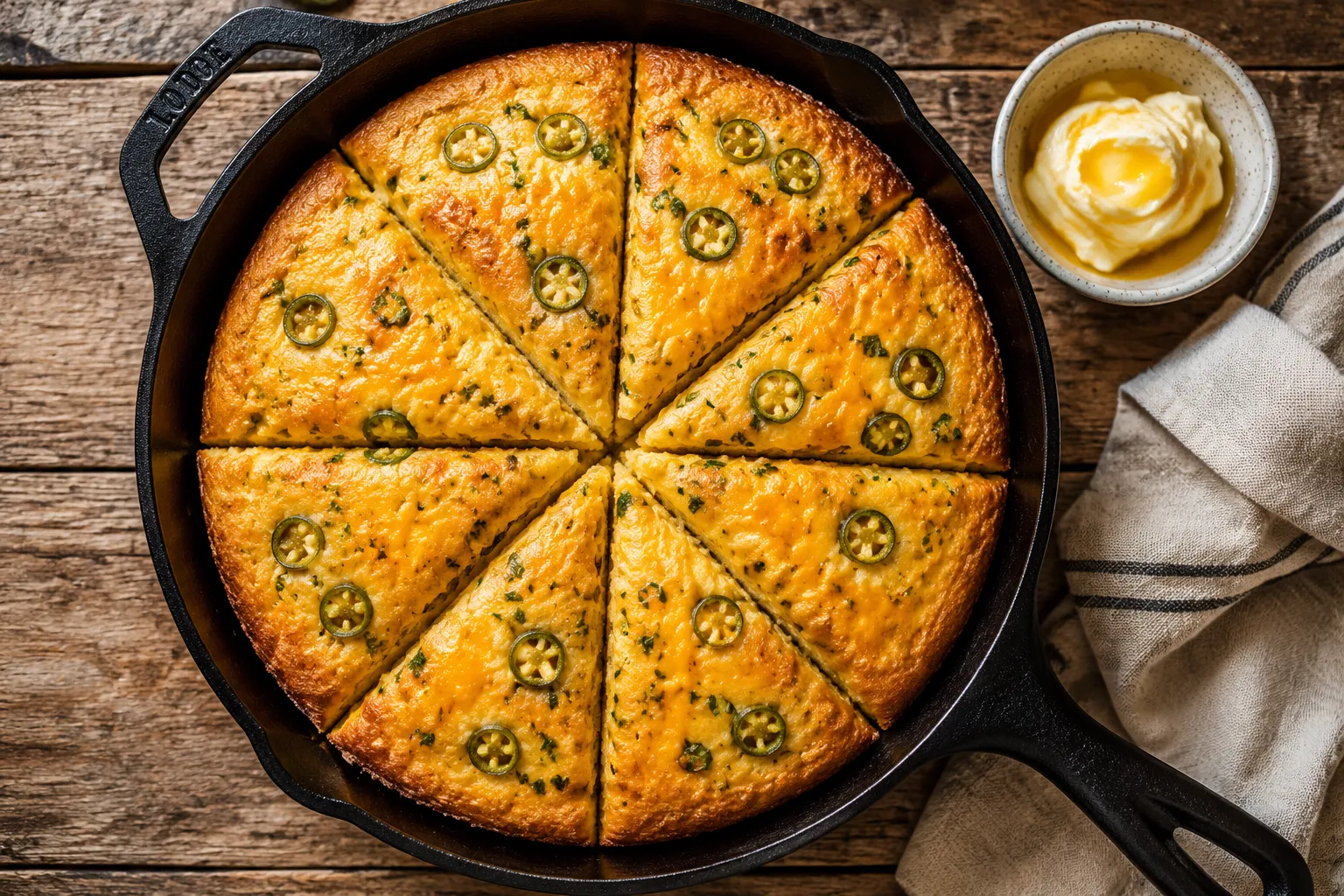 Sliced Mexican cornbread in cast iron skillet topped with cheese and jalapeños