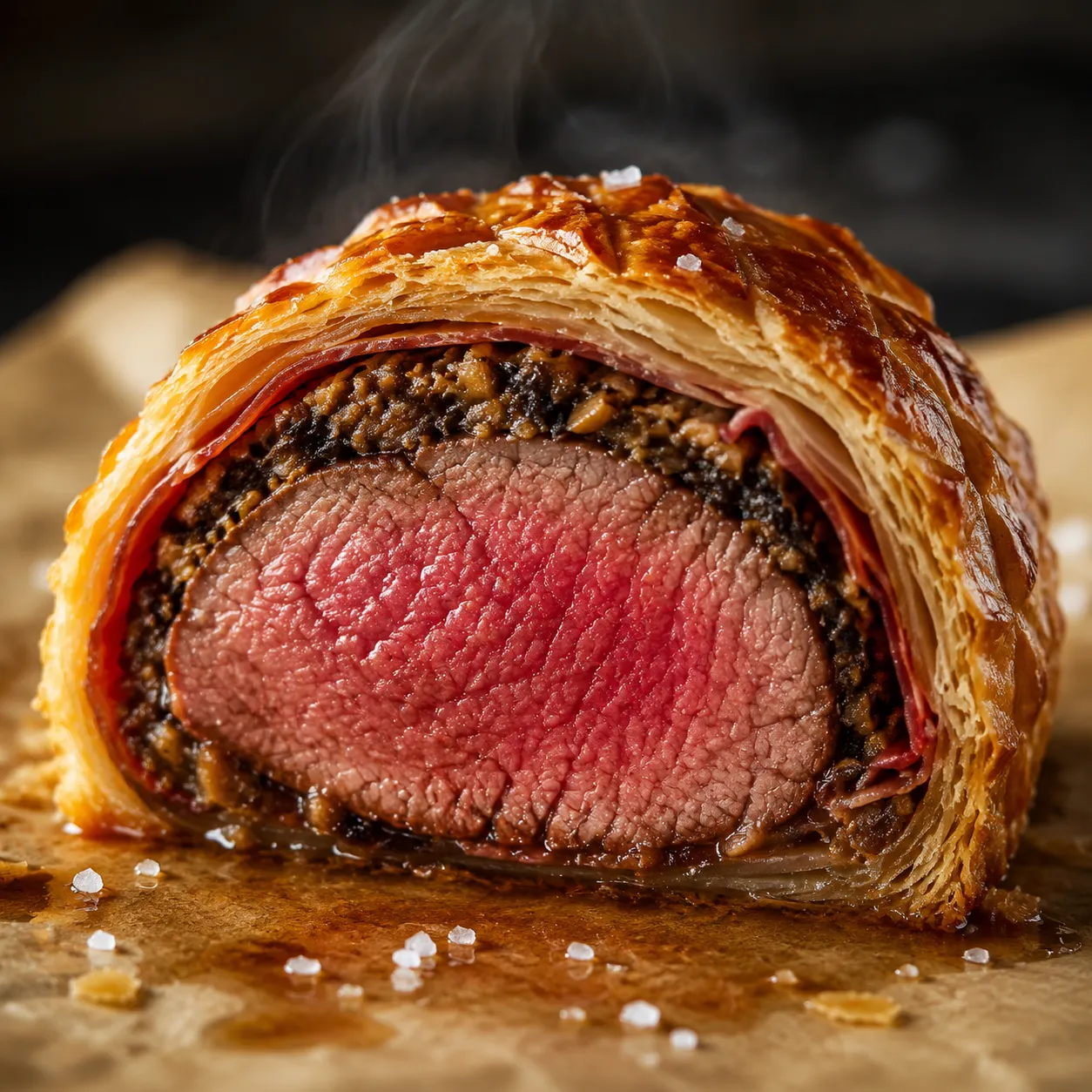 Close-up of beef wellington recipe layers showing medium-rare center