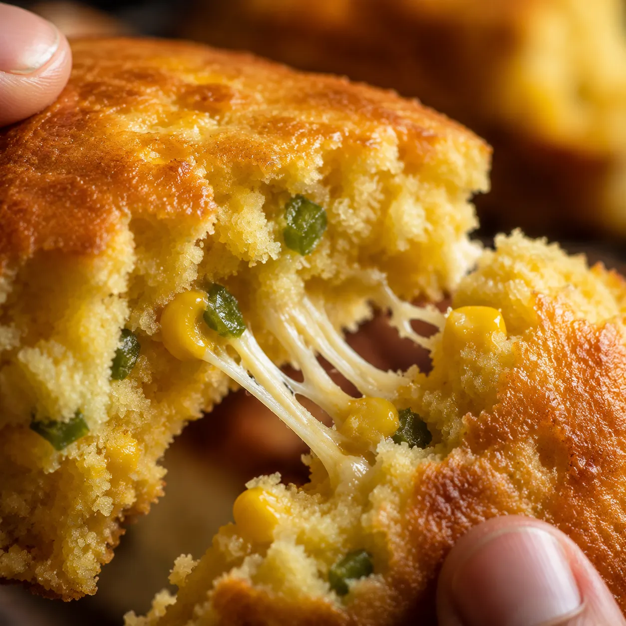 Close-up of moist Mexican cornbread crumb with melted cheddar and corn
