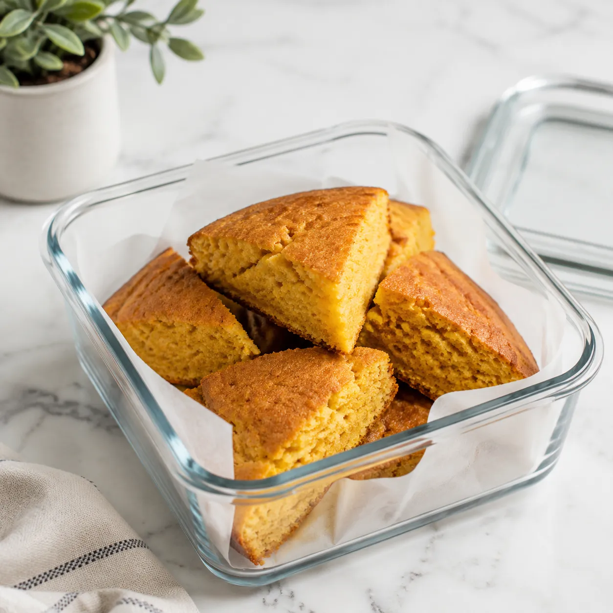 Storing leftover Mexican cornbread wedges in a glass container