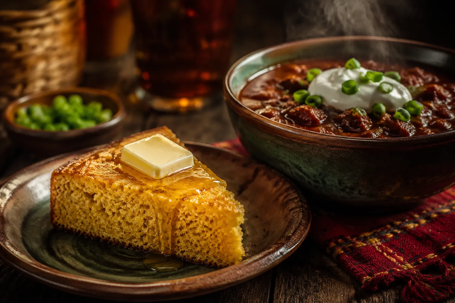 Mexican cornbread served with a bowl of chili on a rustic plate