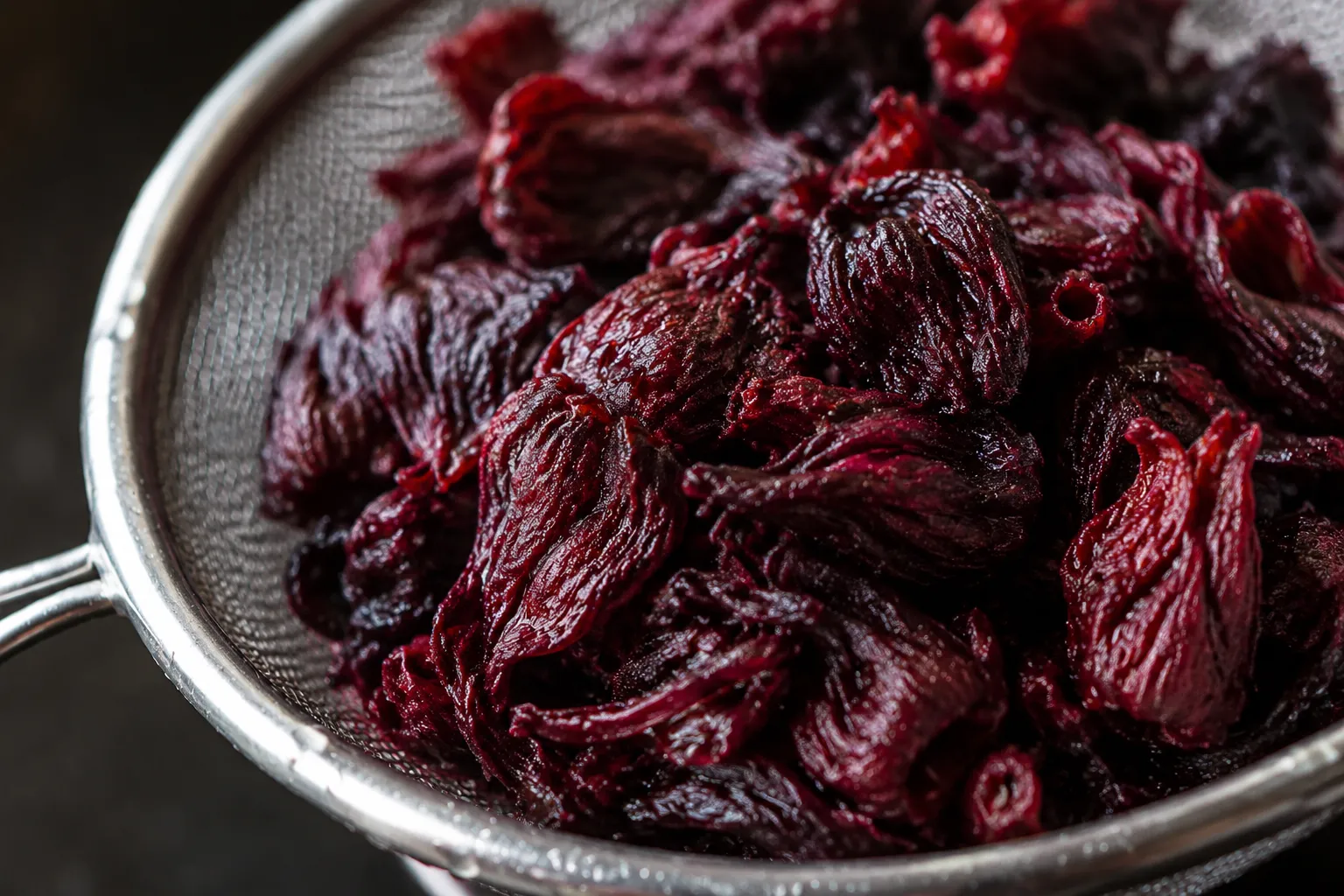 Dried hibiscus flowers rinsed in a strainer for jamaica drink