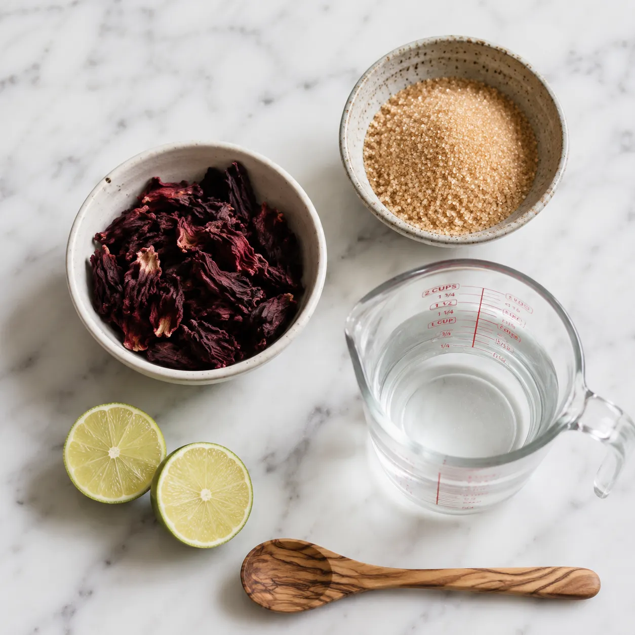 Ingredients for agua de jamaica including dried hibiscus flowers, sugar, and lime