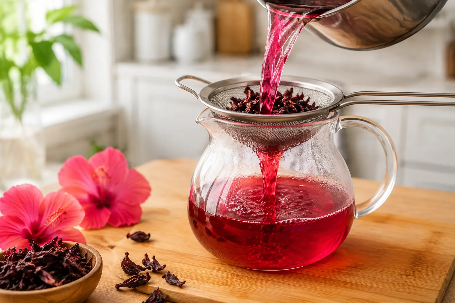 Straining brewed hibiscus tea into a pitcher for agua de jamaica