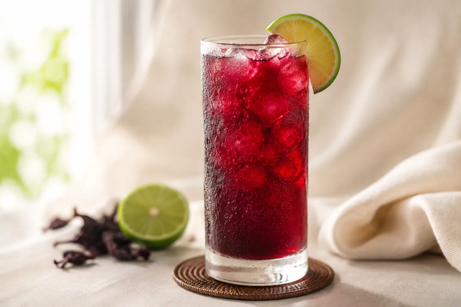 Tall glass of jamaica drink hibiscus iced tea with lime garnish