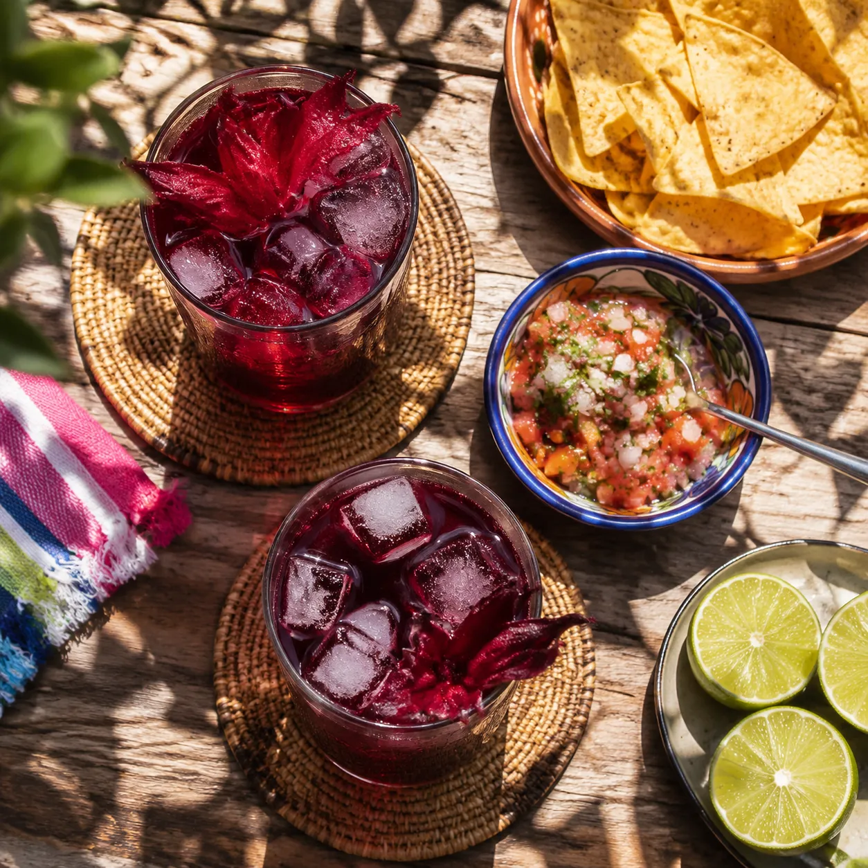 Jamaica drink served with chips and salsa on an outdoor table
