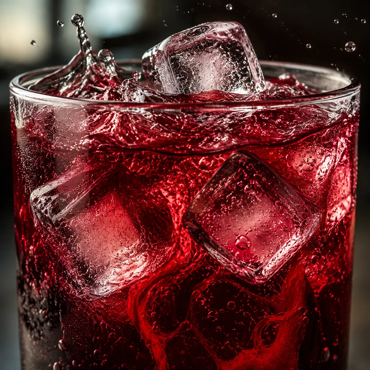Close-up of ice swirling through ruby-red jamaica drink