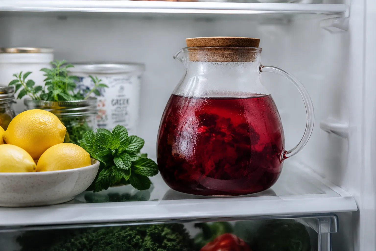 Pitcher of agua de jamaica stored in the refrigerator