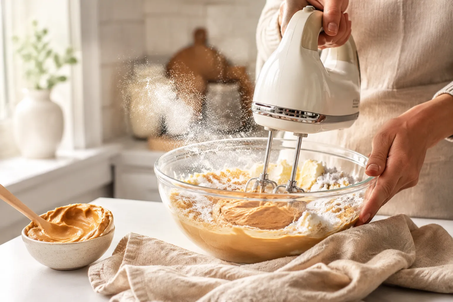 Mixing peanut butter and powdered sugar for a homemade buckeyes recipe