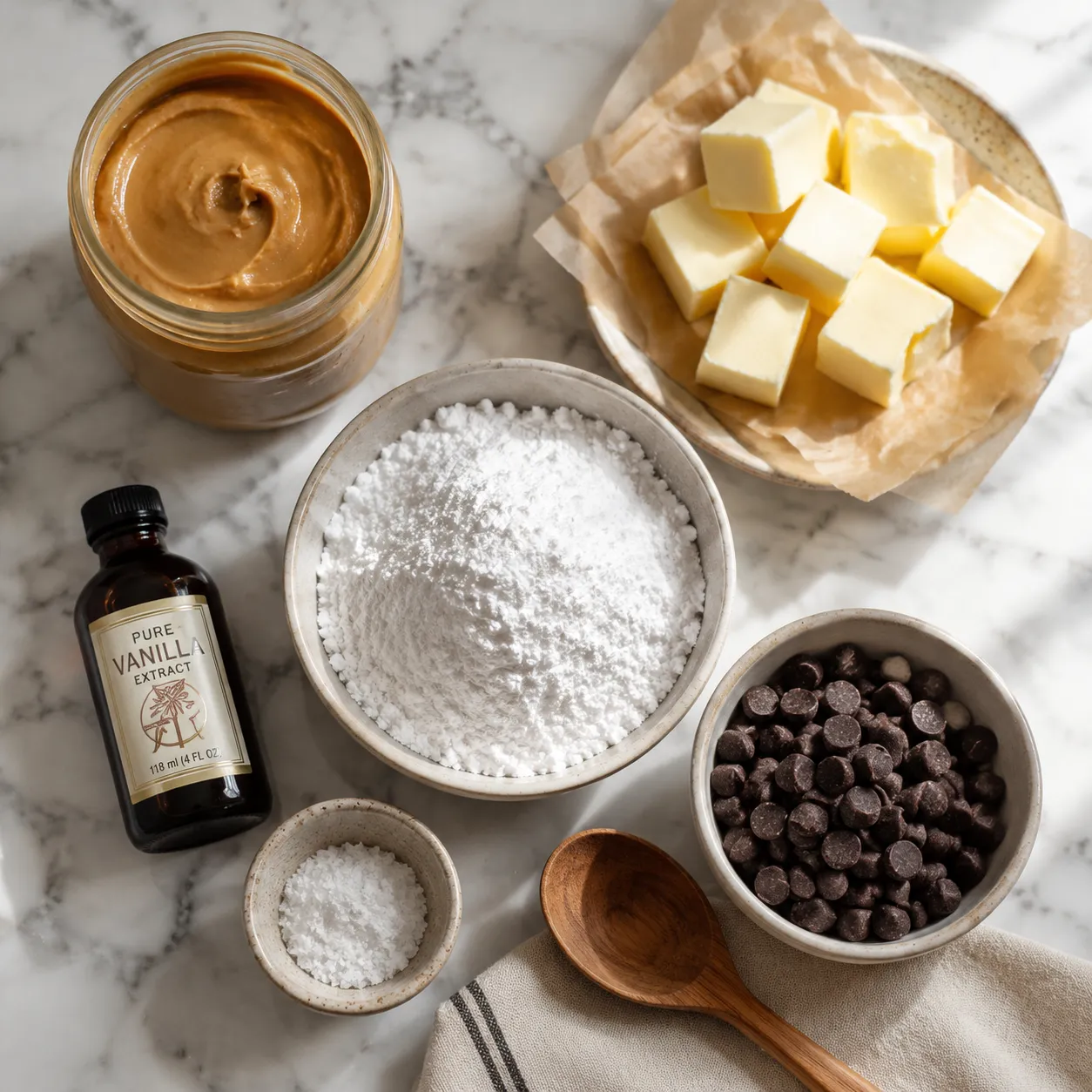 Ingredients for buckeye cookies including peanut butter, butter, powdered sugar, and chocolate