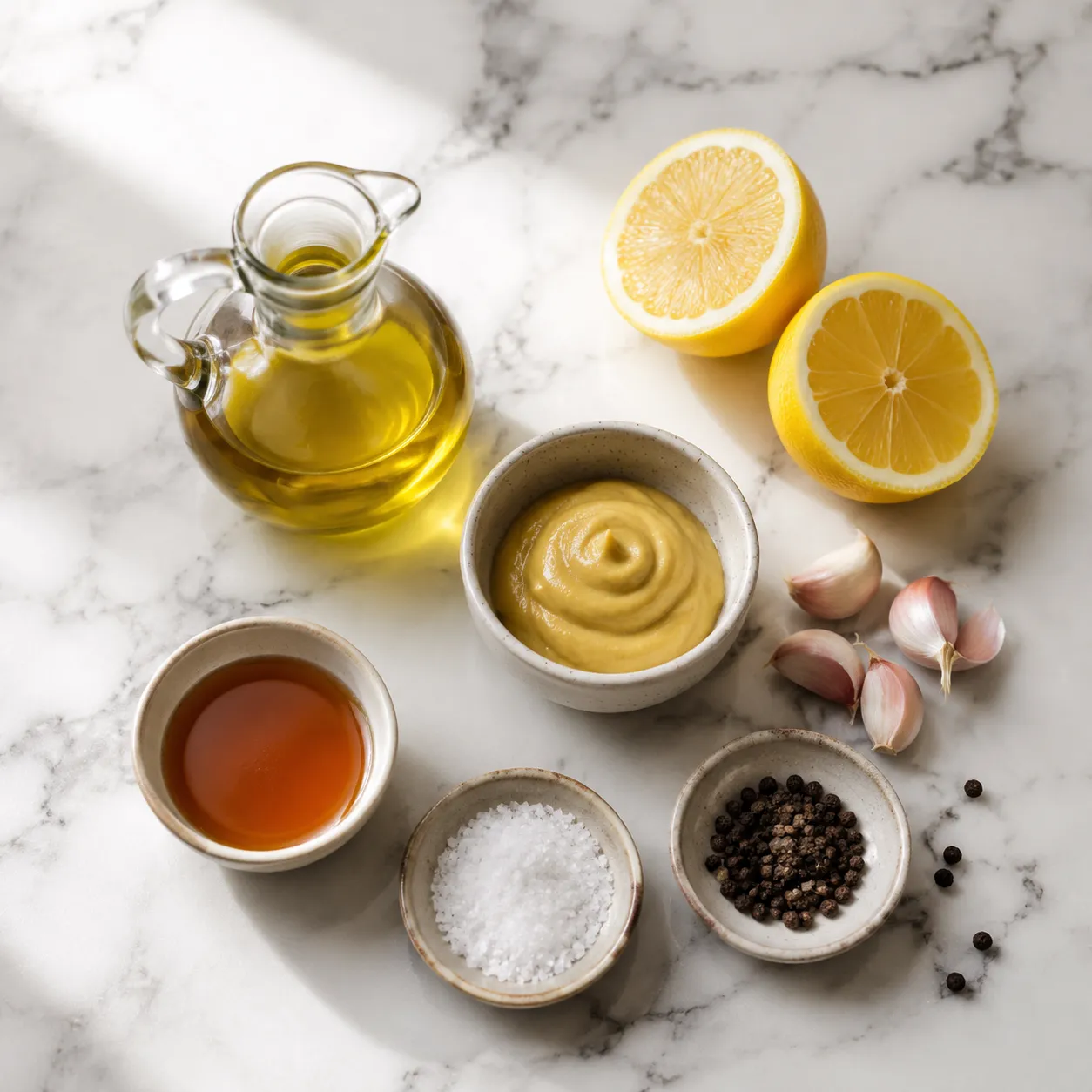 Homemade dressing recipe ingredients flatlay with olive oil, lemon, Dijon, and garlic