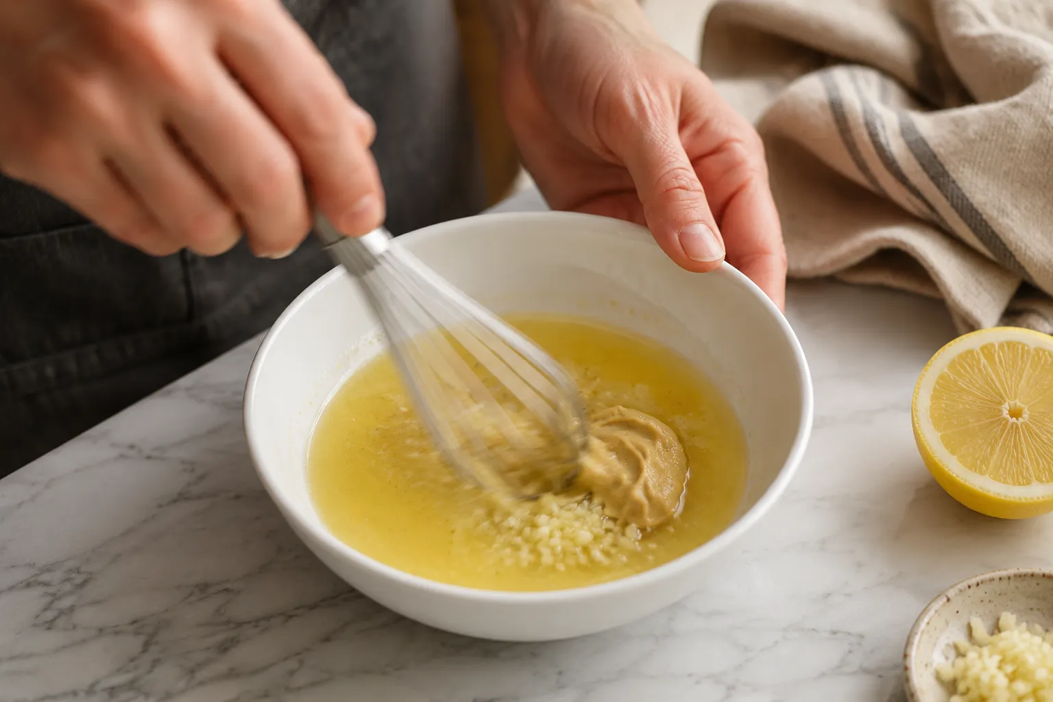 Whisking lemon juice and Dijon mustard for an easy dressing recipe