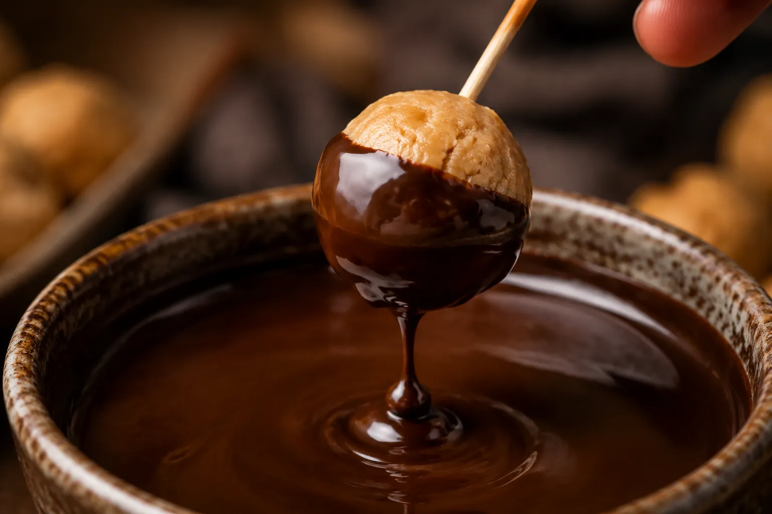 Dipping a peanut butter ball into melted chocolate for buckeye cookies