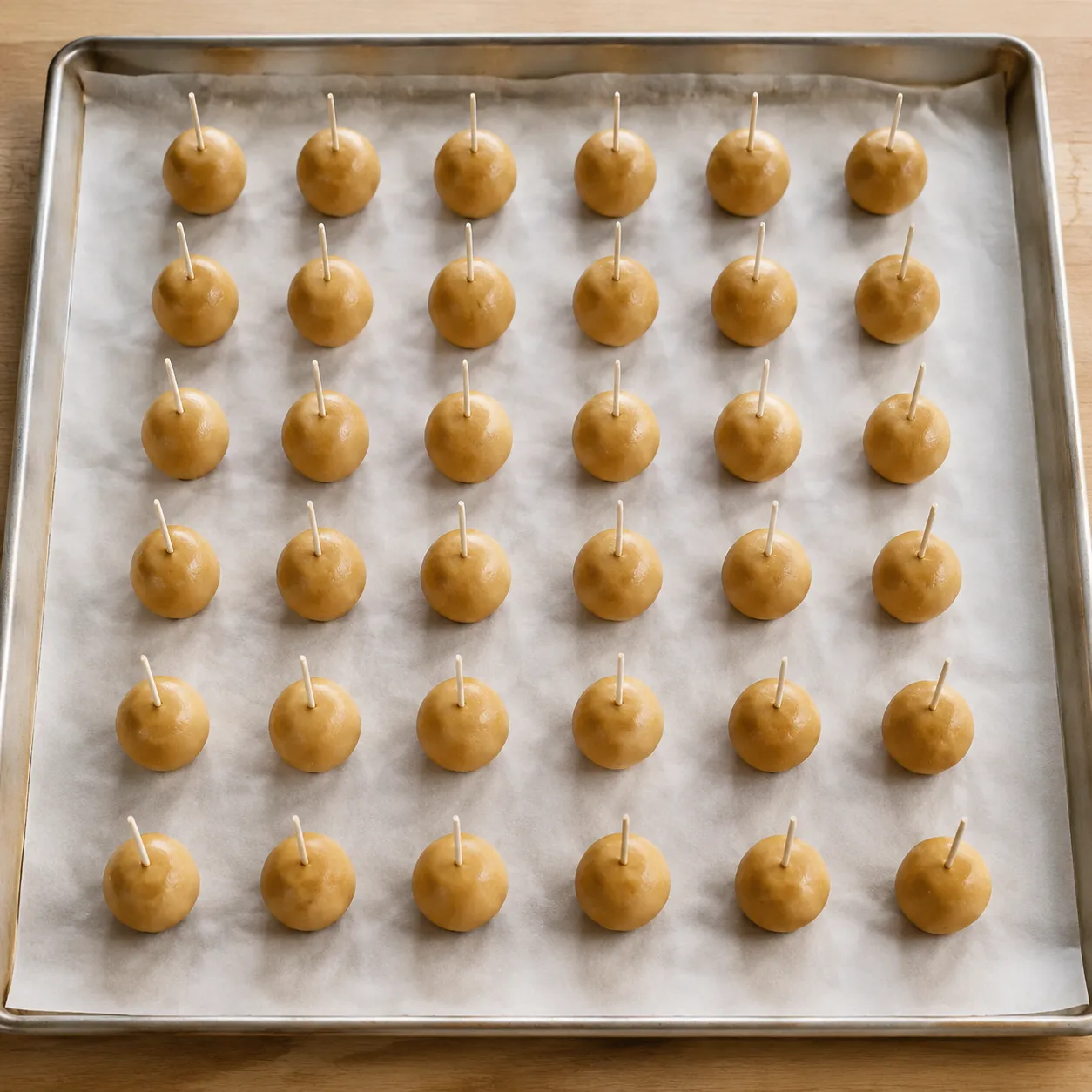Rolled peanut butter balls on parchment ready for chocolate dipping