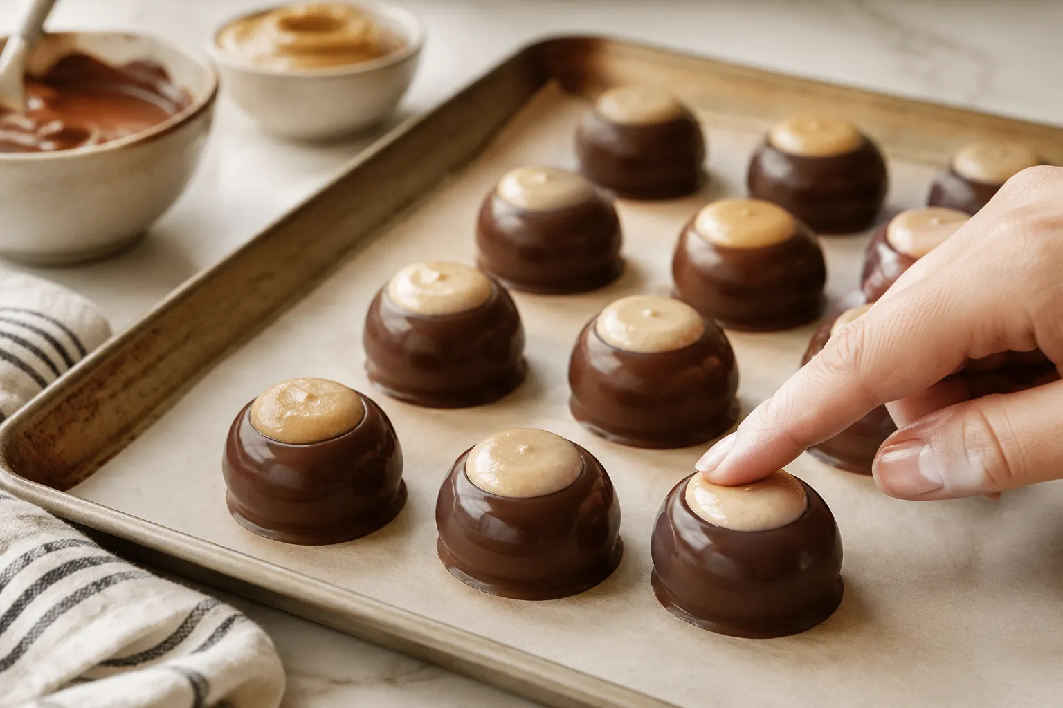 Smoothing toothpick marks on freshly dipped buckeye candies