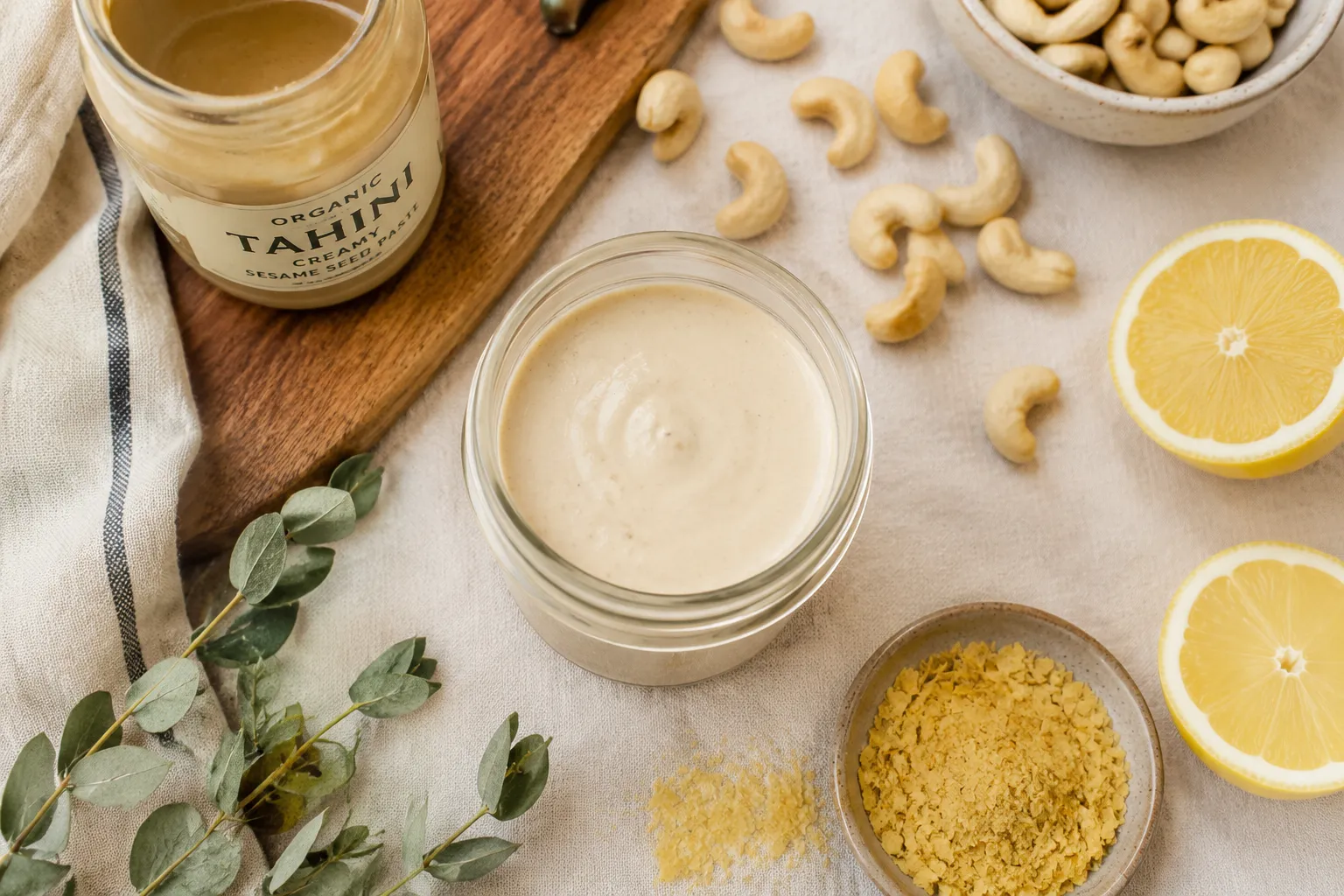 Creamy vegan dressing recipe in a mason jar with tahini and cashews