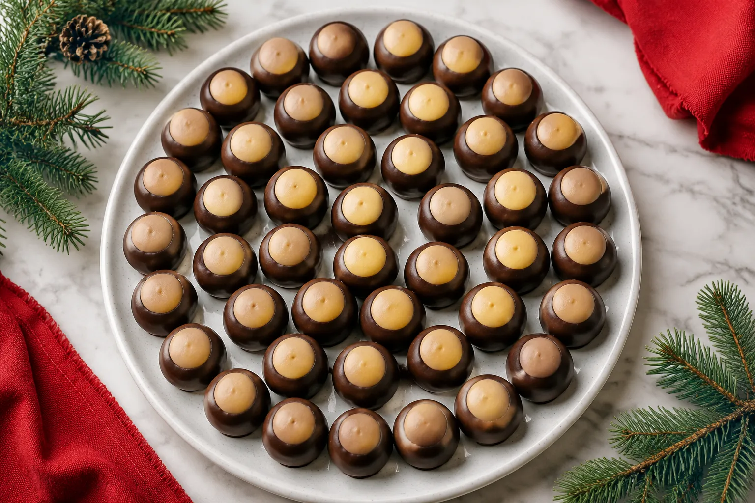 Platter of finished homemade buckeyes for a holiday cookie tray