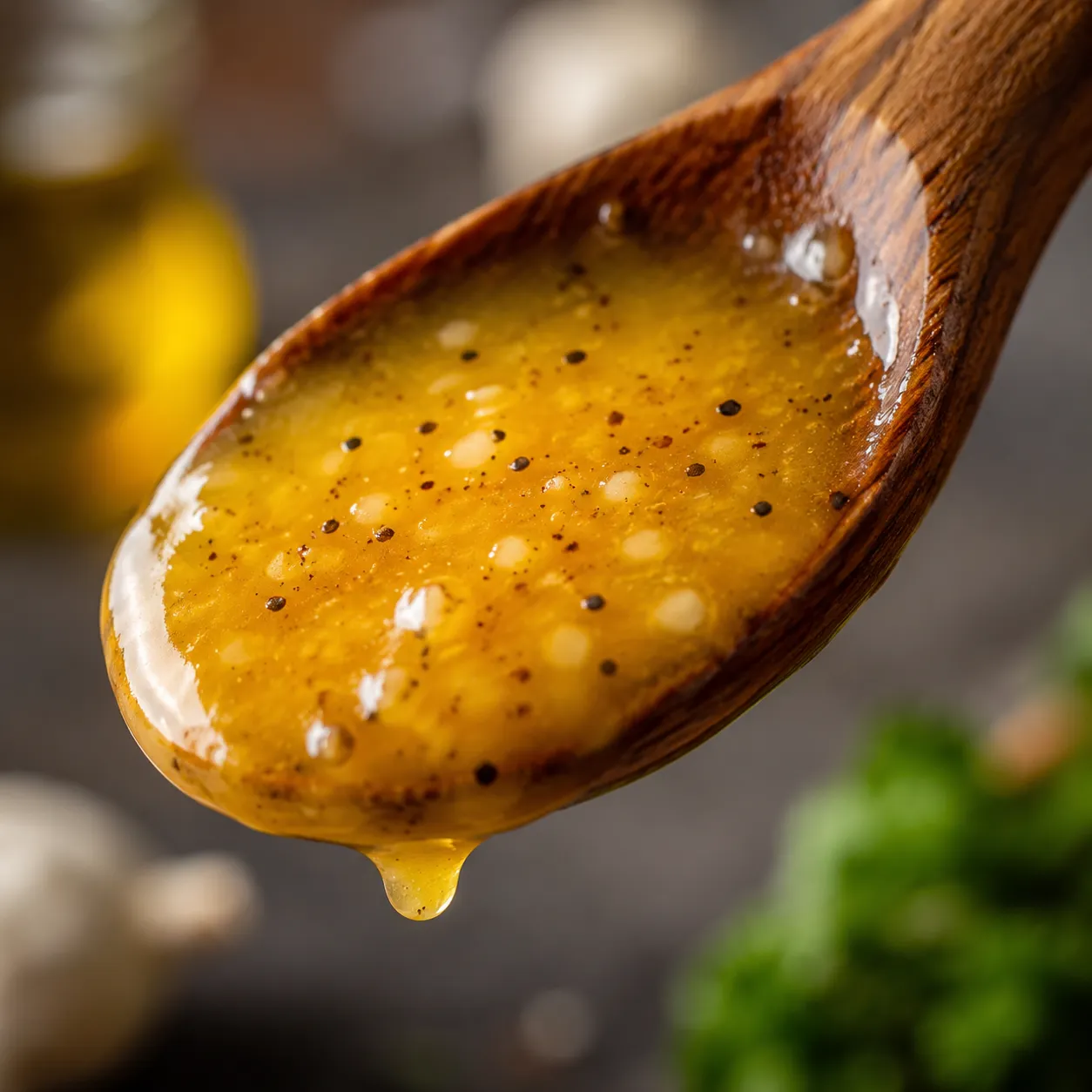 Emulsified homemade dressing coating the back of a wooden spoon