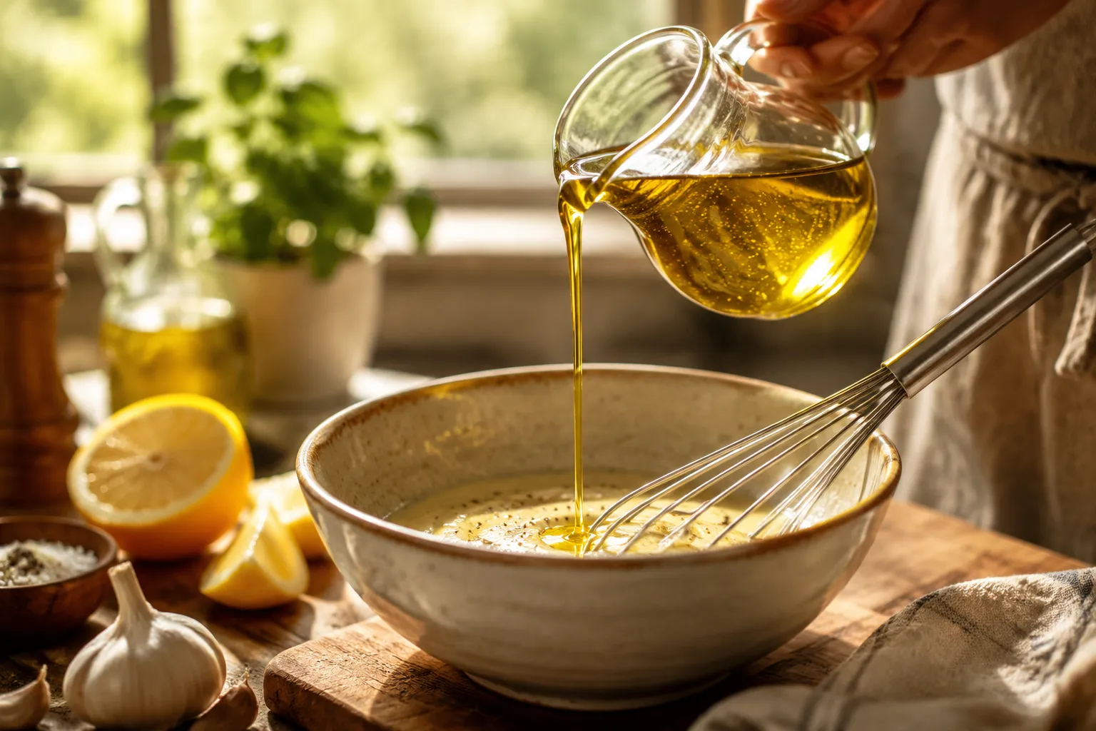 Streaming olive oil into dressing recipe to emulsify