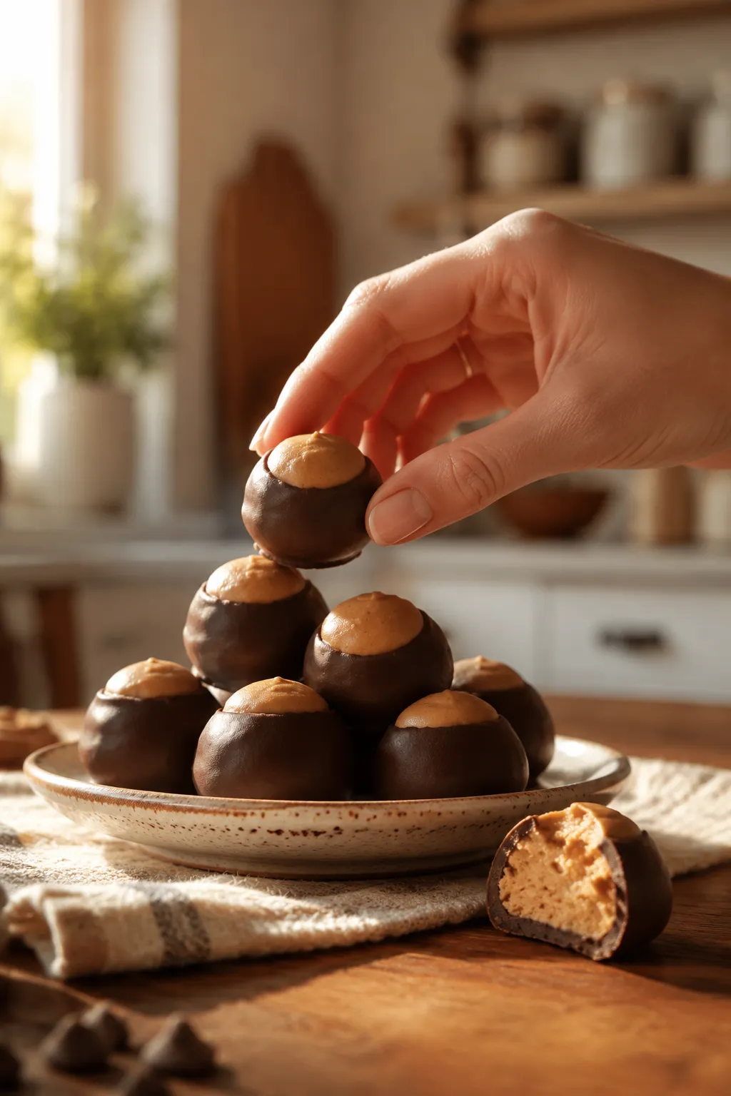 Hand picking up a buckeye showing peanut butter center inside chocolate shell