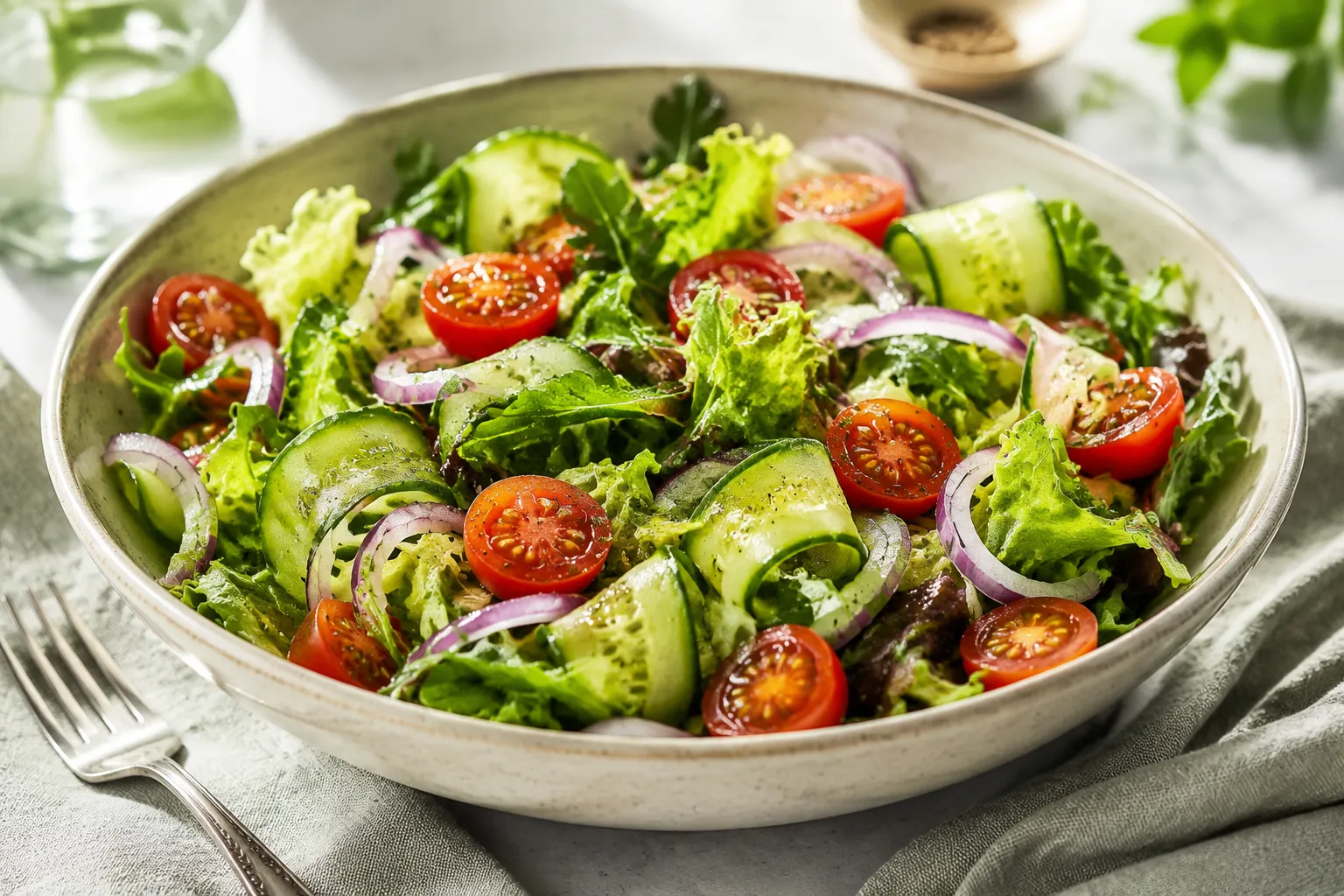 Finished salad with homemade dressing recipe drizzled on top