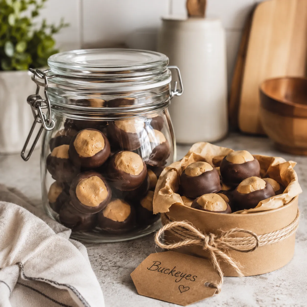 Storing homemade buckeye cookies in a glass jar and gift tin