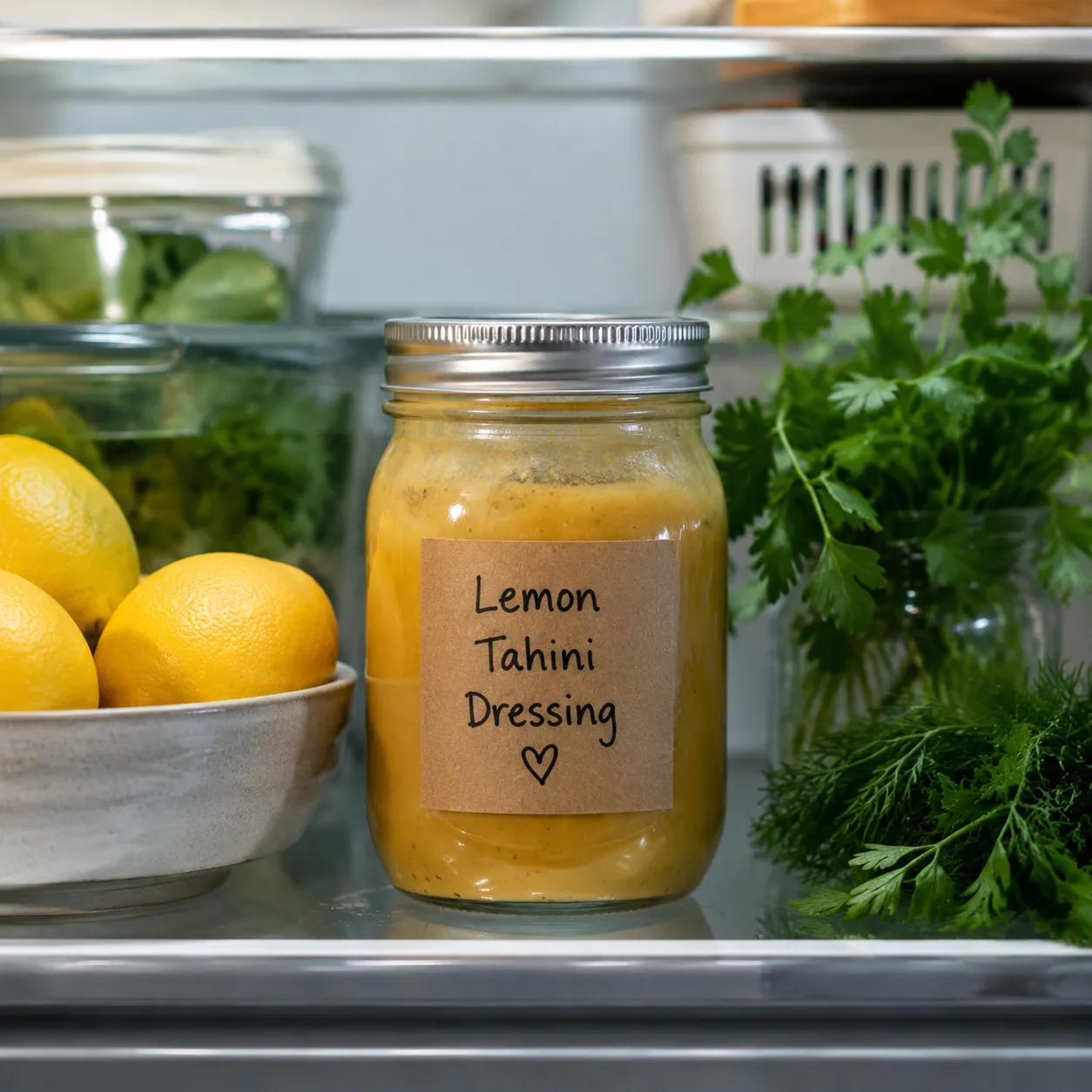 Storing homemade dressing recipe in a labeled glass jar in the fridge