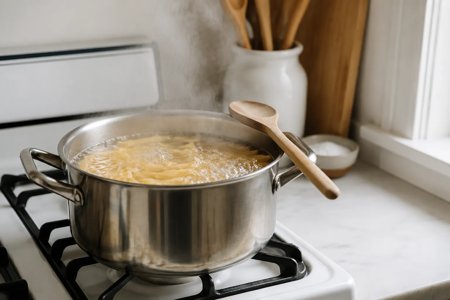Penne pasta cooking in a pot of salted boiling water for easy pasta salad