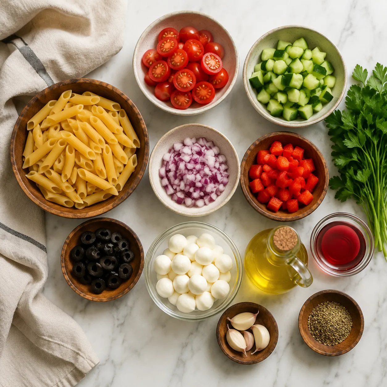 Easy pasta salad ingredients flatlay with penne, vegetables, mozzarella, and Italian dressing components
