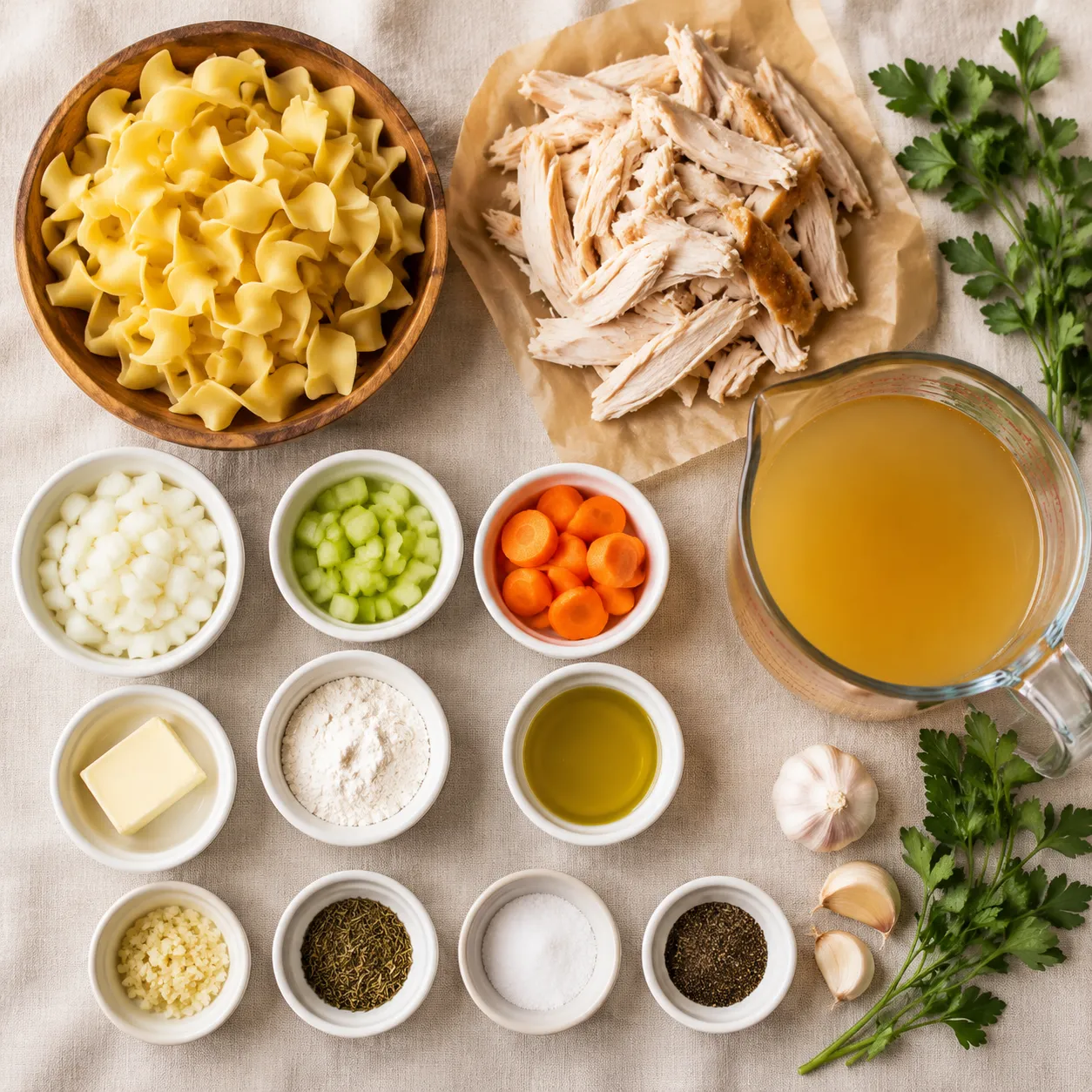 Ingredients for chicken and noodles recipe with egg noodles arranged in bowls