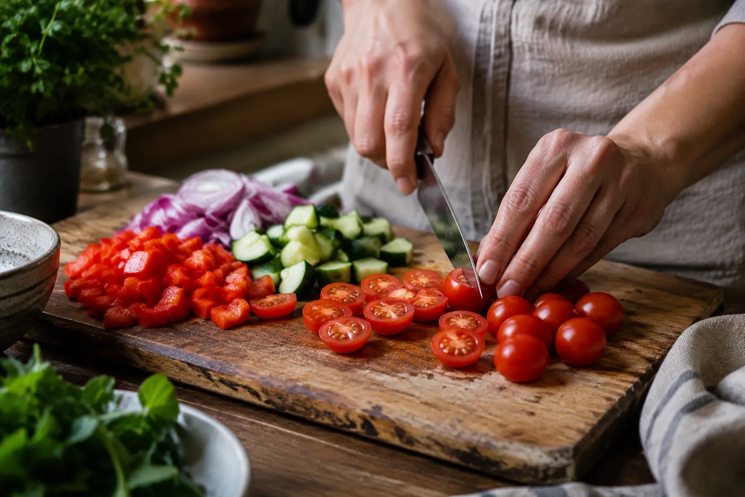 Chopping fresh vegetables for an easy pasta salad recipe