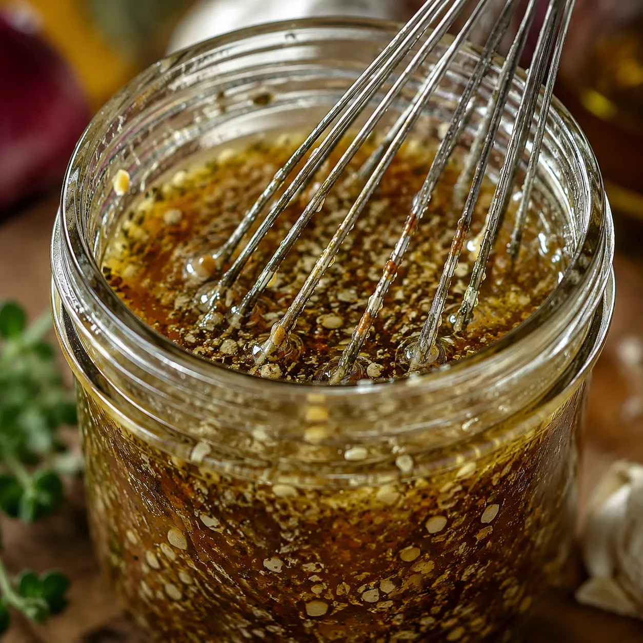 Whisking homemade Italian dressing for pasta salad in a glass jar