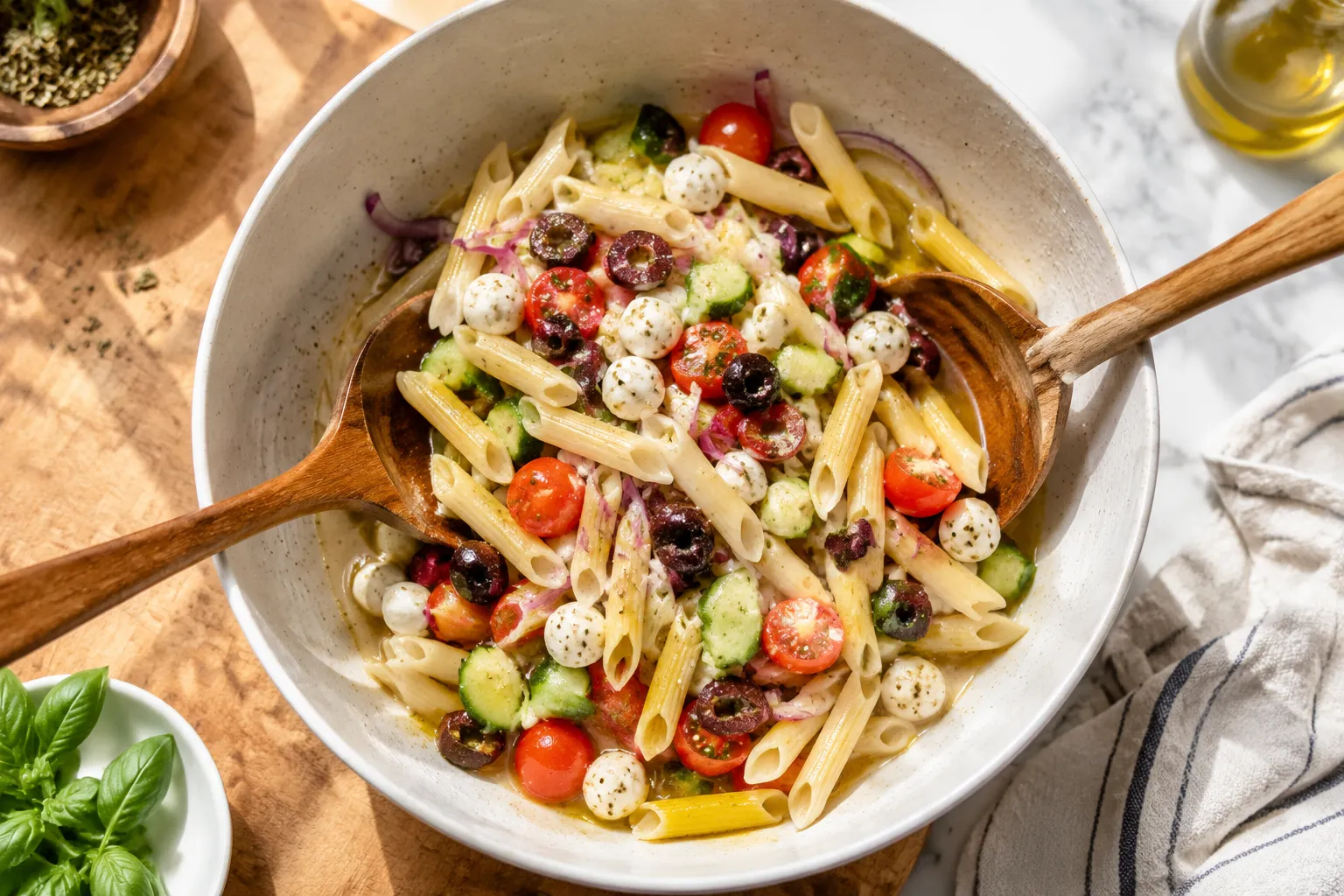 Tossing easy pasta salad with homemade Italian dressing in a large mixing bowl