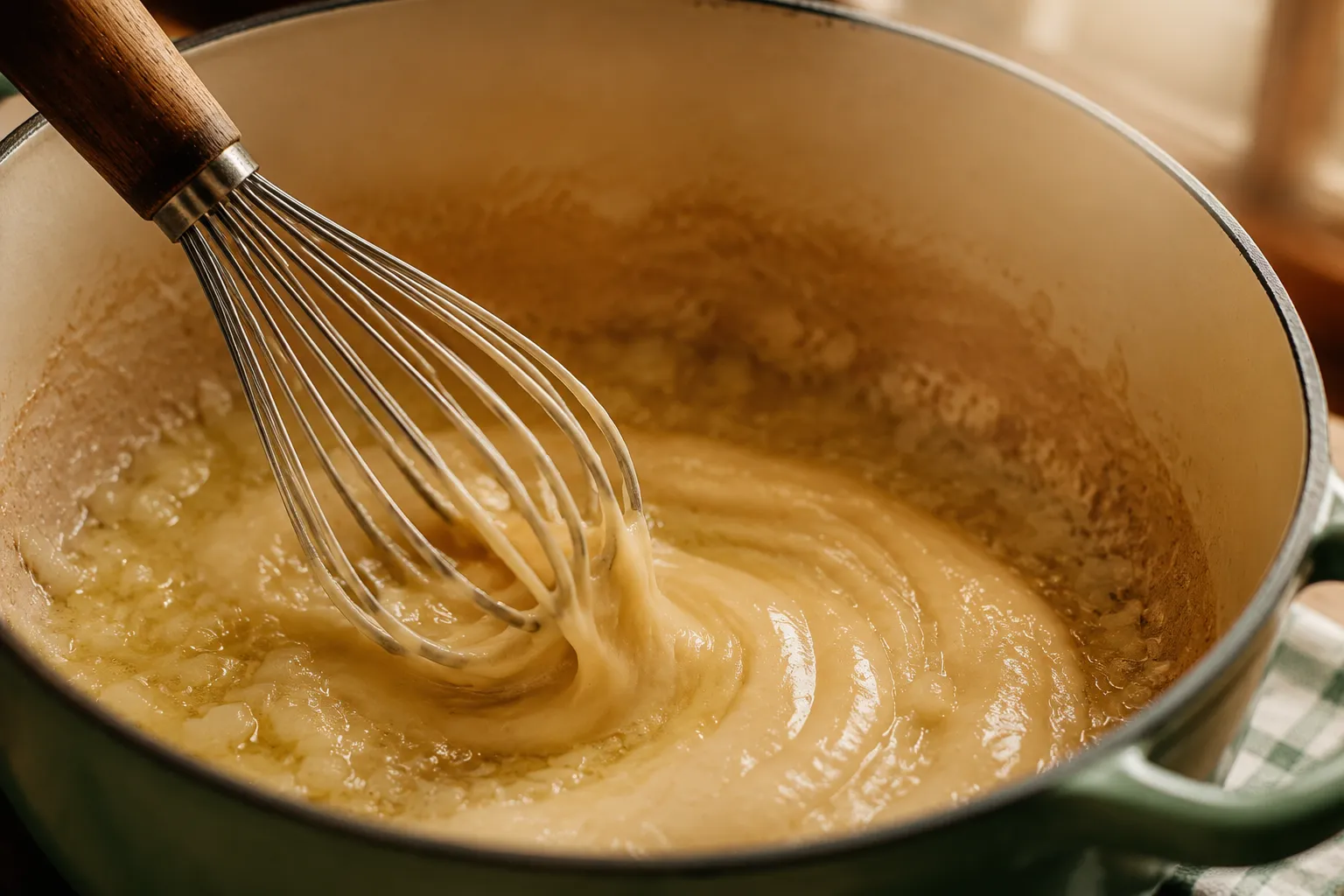 Whisking a butter and flour roux for creamy chicken and noodles