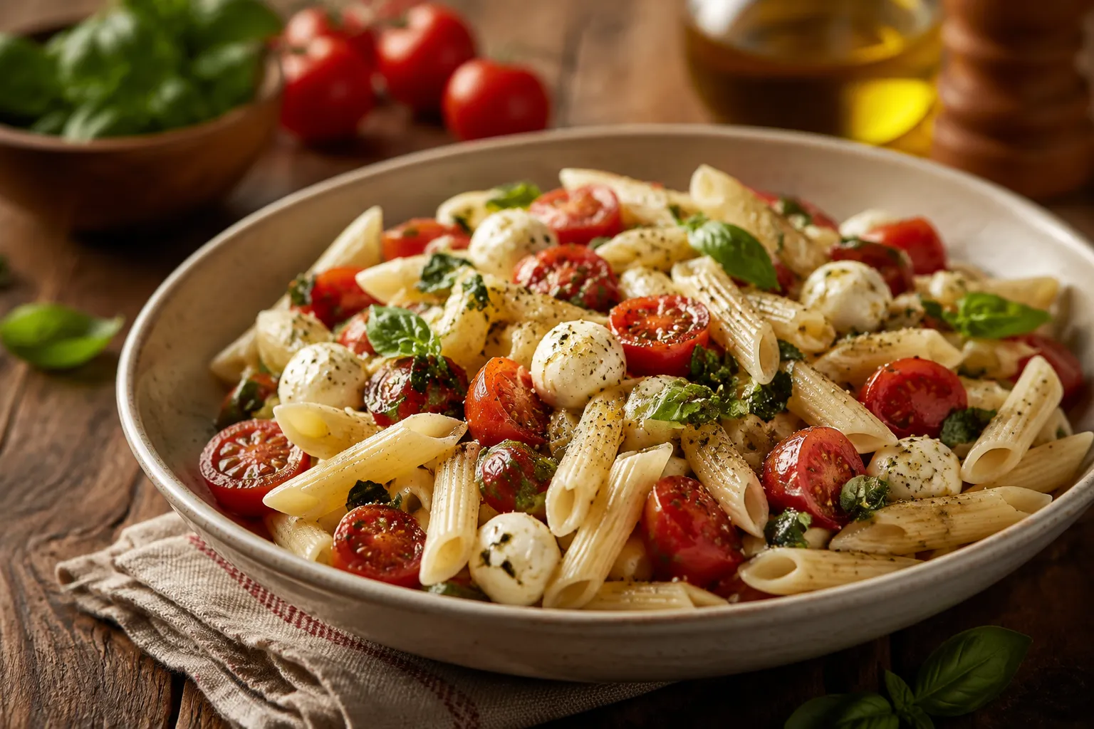 Finished easy penne pasta salad garnished with fresh basil and olive oil