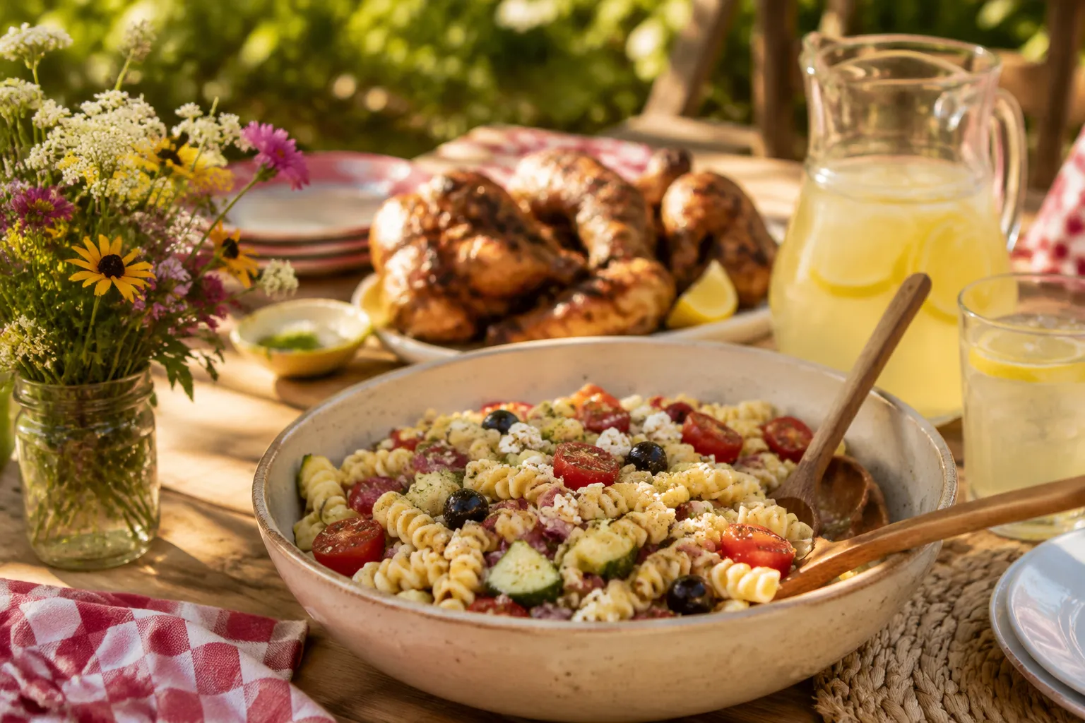 Summer pasta salad served at an outdoor cookout with grilled chicken and lemonade