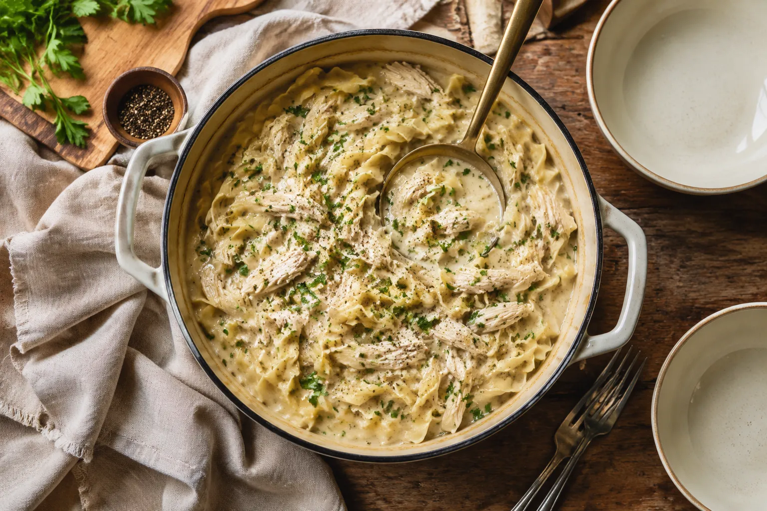 Pot of creamy chicken and noodles recipe ready to serve family style