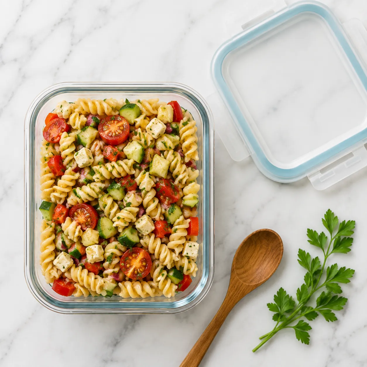 Easy pasta salad stored in a glass meal-prep container for make-ahead