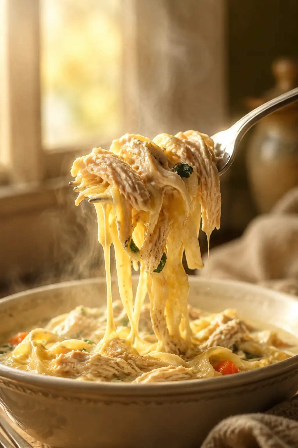 Forkful of chicken and noodles lifted from bowl with creamy sauce