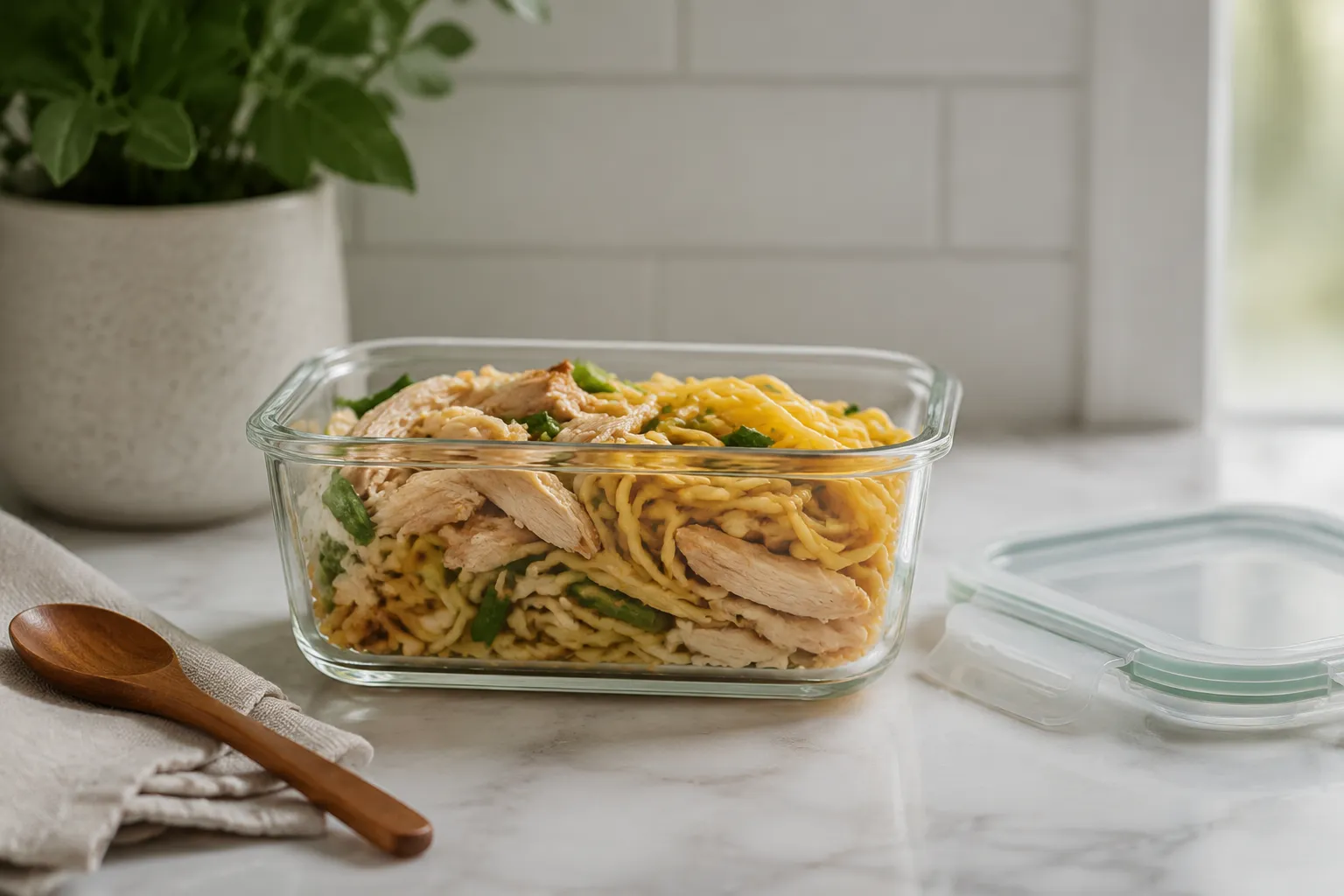 Leftover chicken and noodles stored in a glass container for meal prep