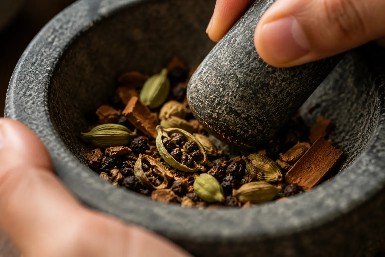 Crushing whole spices for chai masala in a stone mortar and pestle