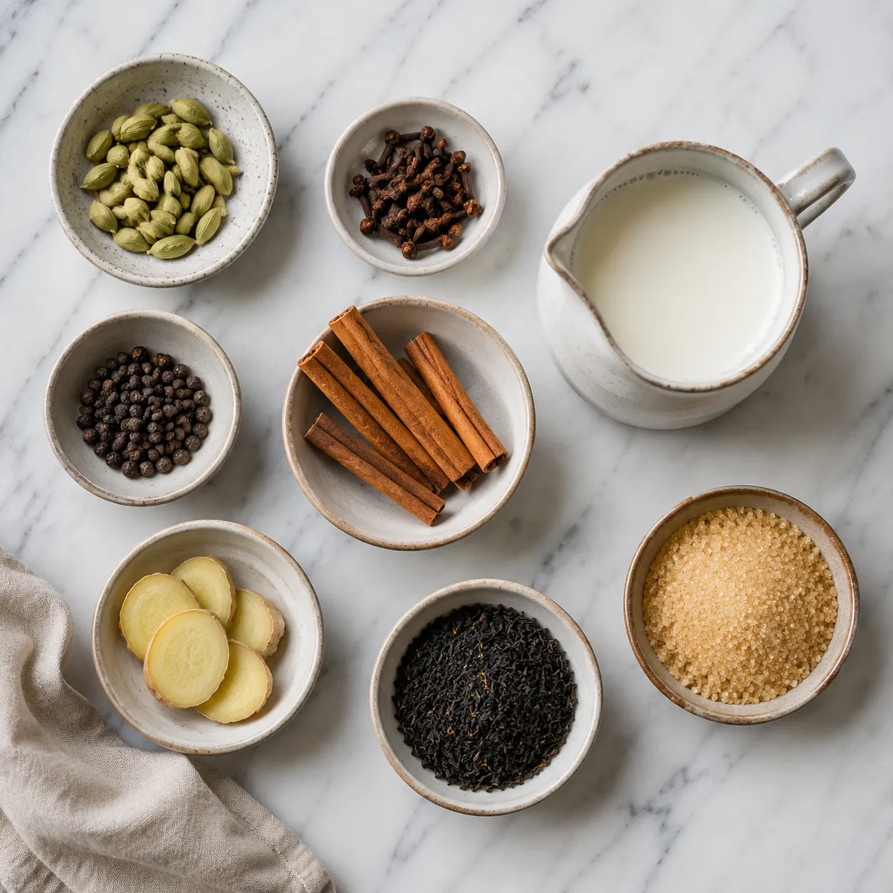 Masala chai ingredients flatlay with whole spices, black tea, milk, and ginger