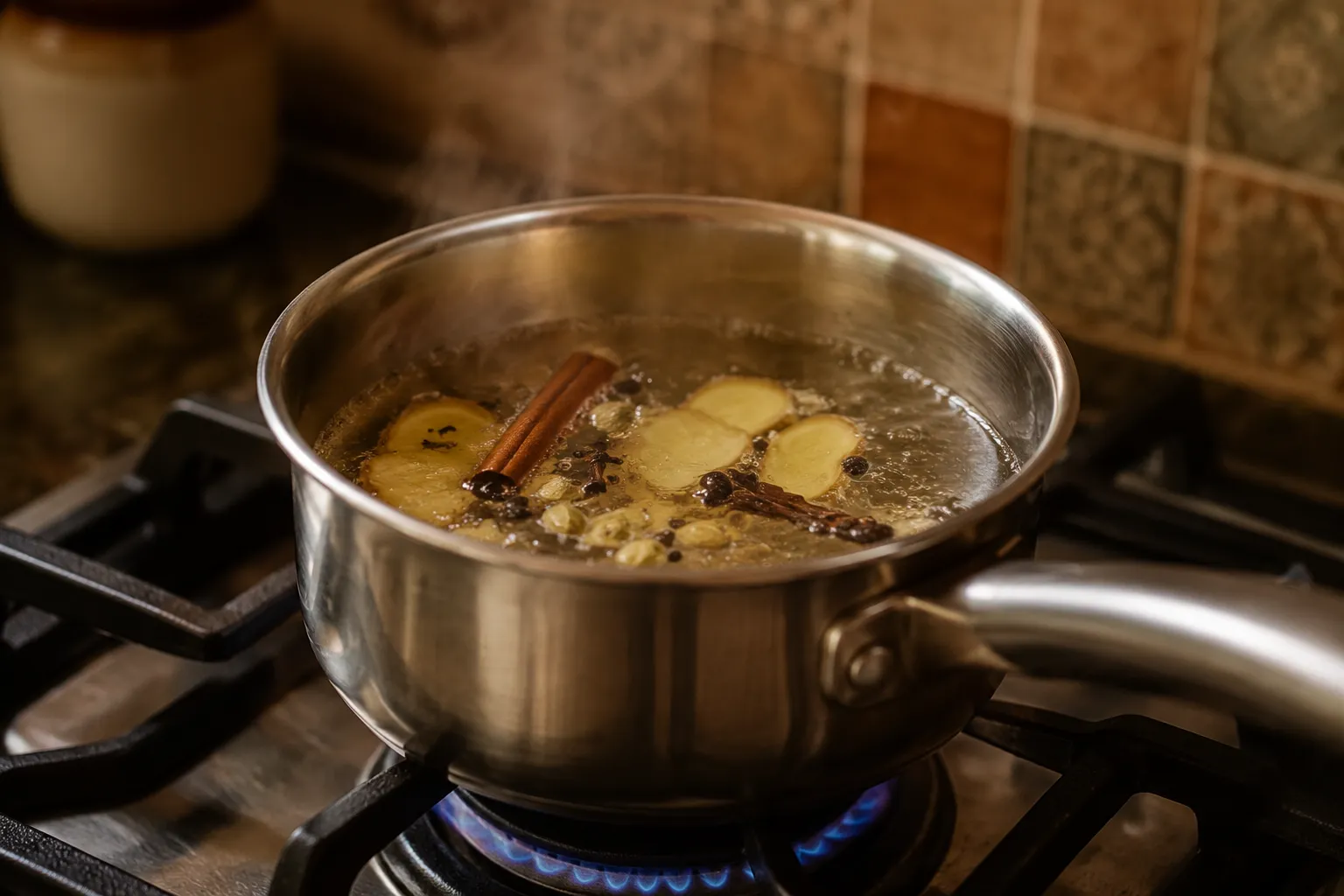 Whole spices simmering in water for masala chai preparation