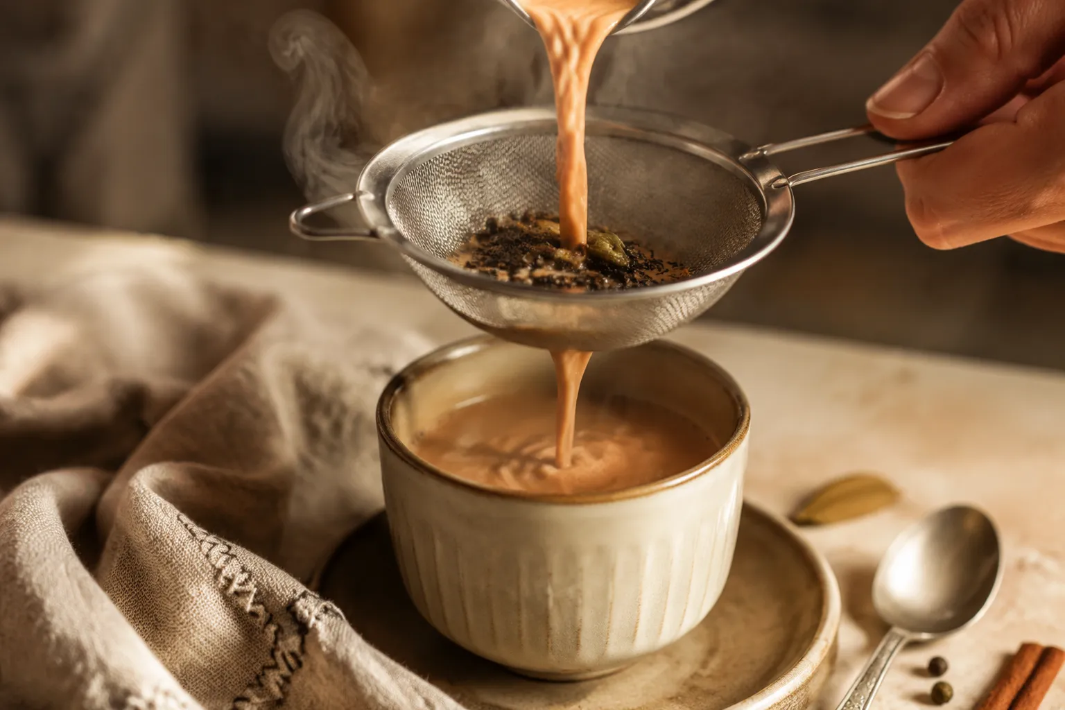 Straining homemade masala chai into a ceramic cup