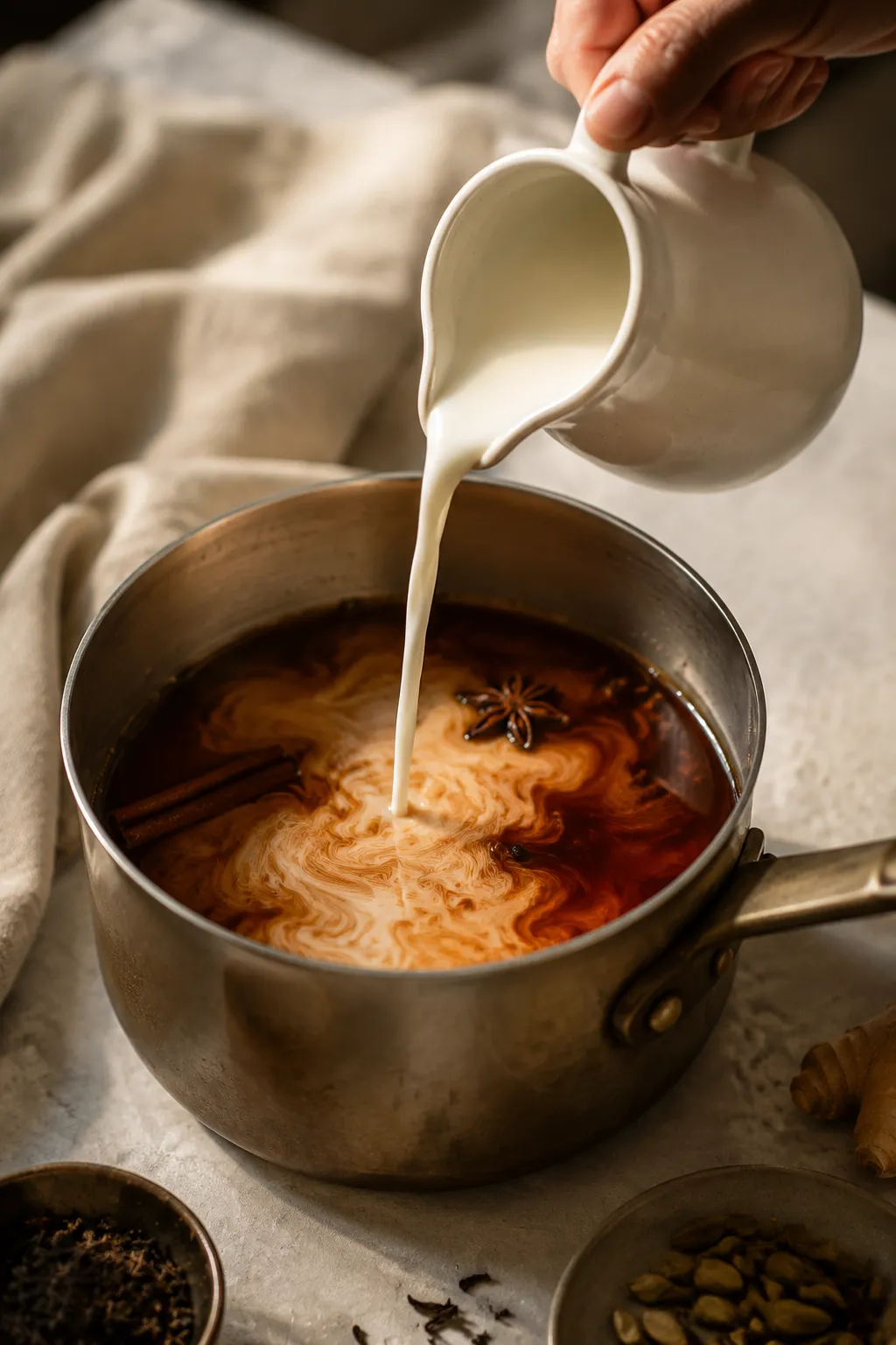 Pouring milk into simmering masala chai on the stovetop
