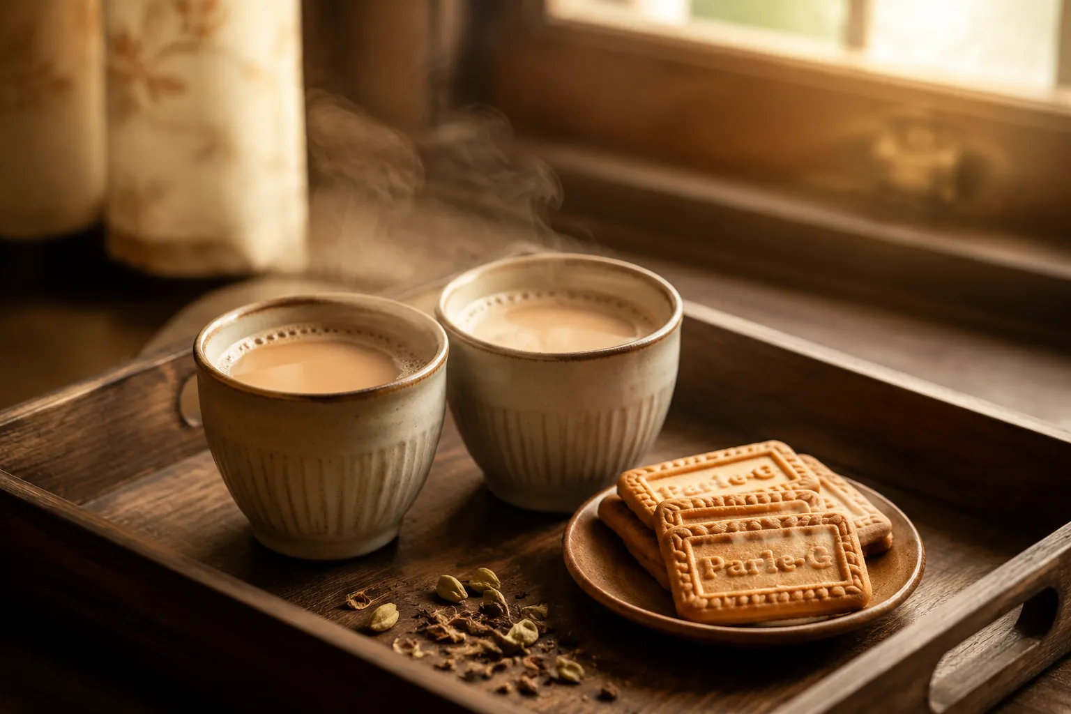 Two cups of homemade masala chai served with biscuits