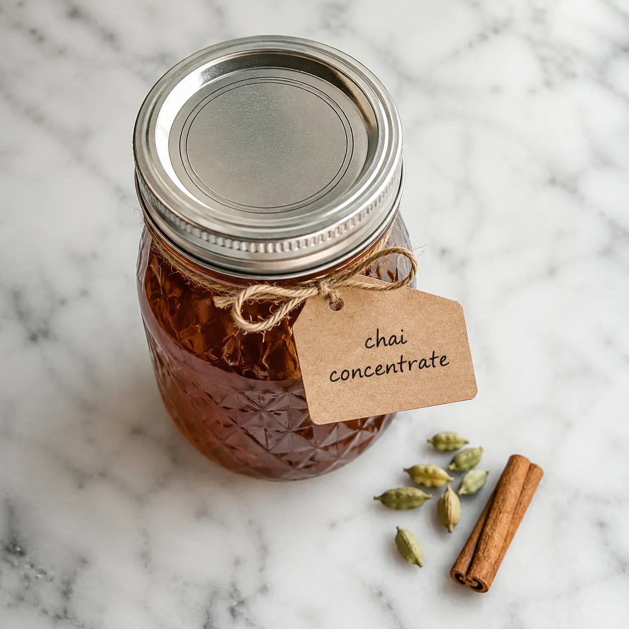 Homemade masala chai concentrate stored in a glass mason jar