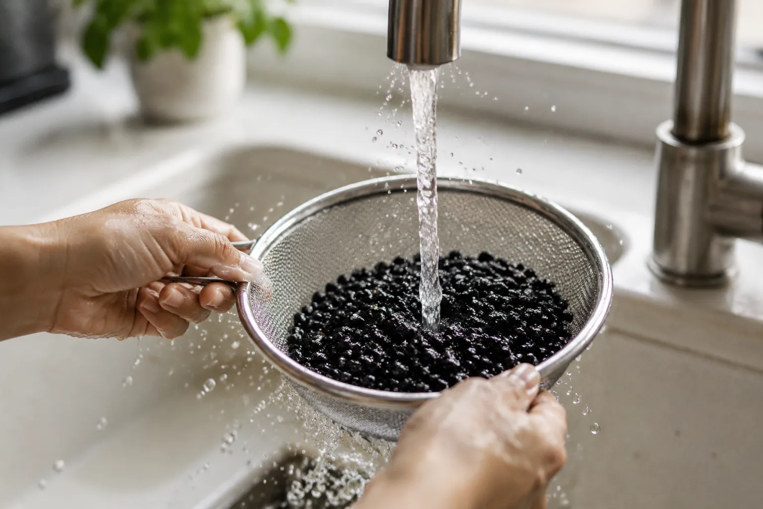 Rinsing dry black beans before cooking in the Instant Pot